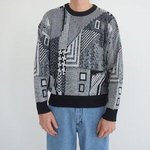 Vintage Expressions Black White Acrylic Patterned Sweater Retro 80s/90s Large